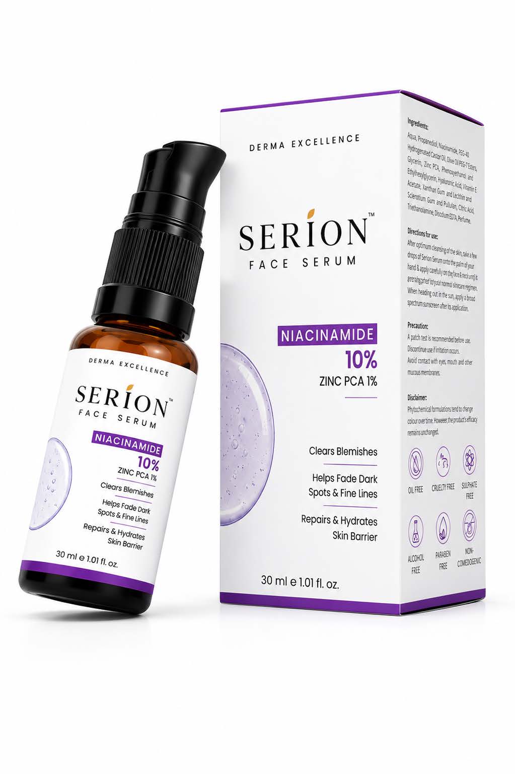 SERION 10% Niacinamide Face Serum bottle with outer carton showing full ingredient list