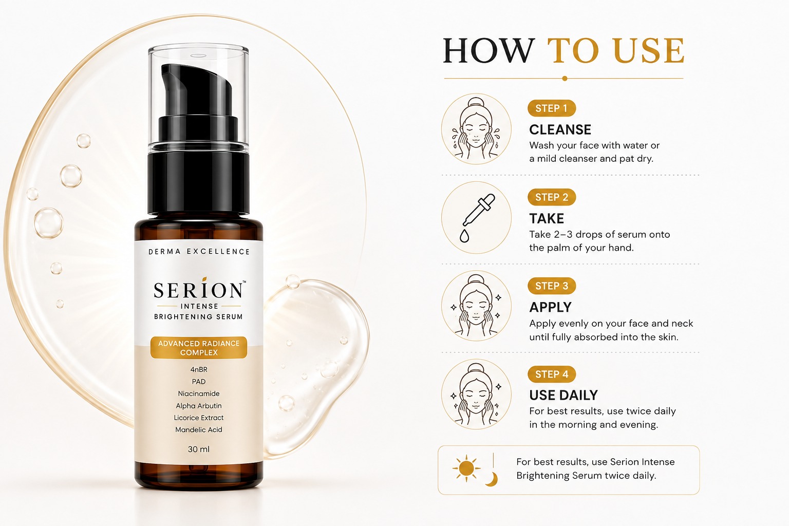 SERION brightening face serum for pigmentation shown with packaging on a cream background