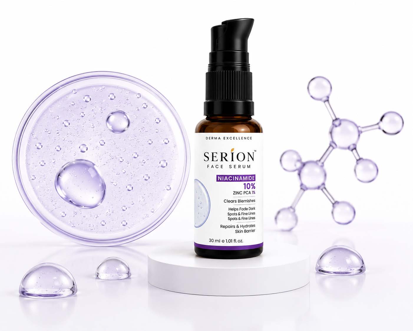 SERION niacinamide face serum with gel texture swatch and molecule graphic on a light background