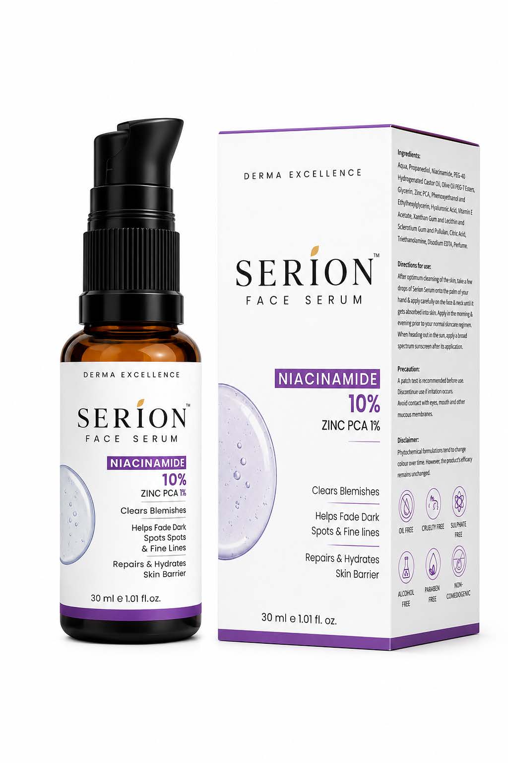 SERION 10% Niacinamide Face Serum full pack shot with box and bottle on white background
