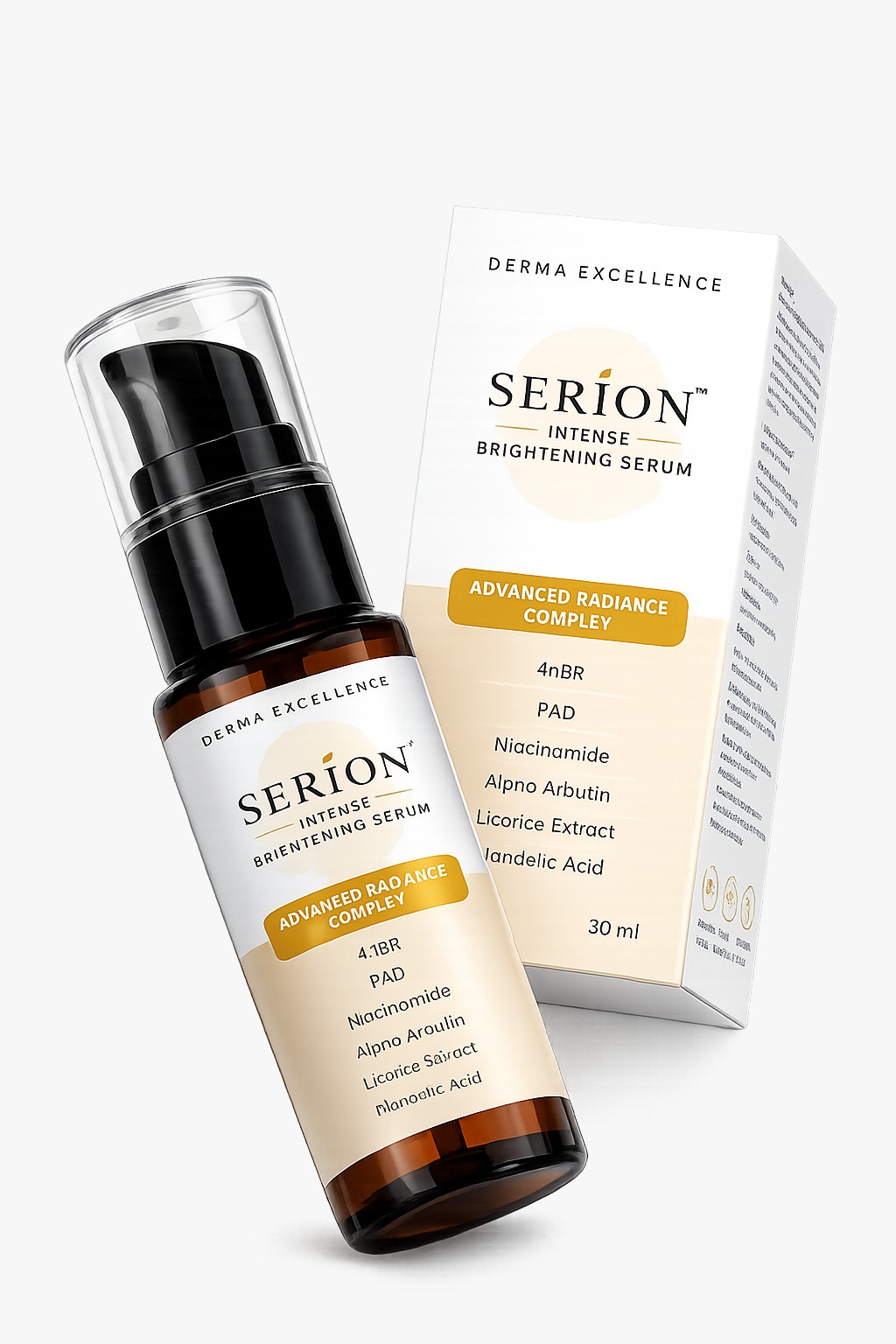 SERION Intense Brightening Face Serum bottle with outer carton and Advanced Radiance Complex panel